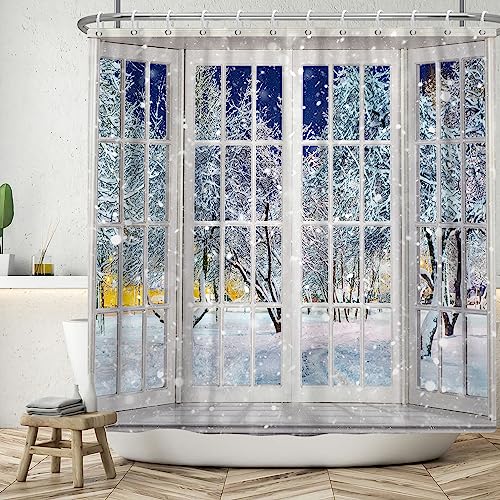 Ttincceer Winter Fenster Ansicht Duschvorhang 3D Schnee Baum Schneeflocke Badezimmer Vorhang Schnee Nacht Moderne Polyester Duschvorhänge Wasserdicht Badewanne Vorhang 180x200cm von Ttincceer