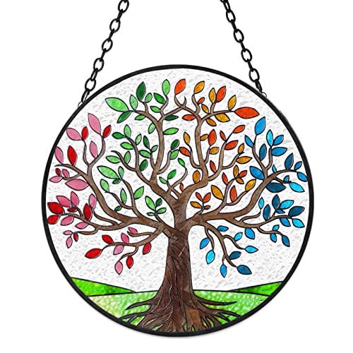 Baum des Lebens Buntglas-Sonnenfänger für vier Jahreszeiten, Thema, bunte Blätter, Fenster, Wandbehang, Ornament, handbemalte Glasscheibe, Dekoration, Naturliebhaber, 16x16 cm von Tuitessine