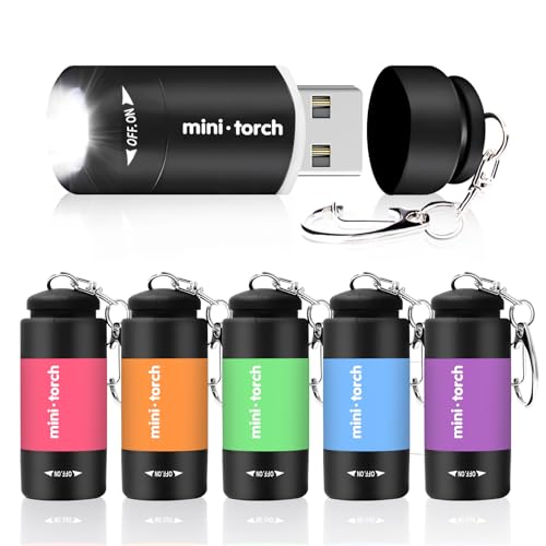 Tulov 6 Stück Mini LED Taschenlampe Kinder Set, Bunte USB Wiederaufladbare Taschenlampen mit Schlüsselbund, Kinder Handlampe für Kindergeburtstag, Camping, Outdoor, Wandern von Tulov