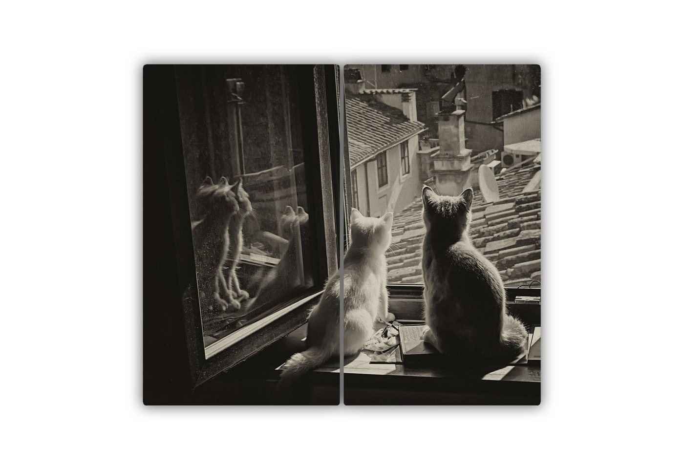 Tulup Schneidebrett Herdabdeckplatte Kochplattenabdeckung Gehärtetes Glas Spritzschutz, (2-St), Schwarzweiß - Katzen am Fenster von Tulup