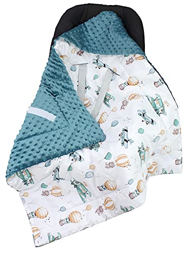 TupTam Baby Winter Einschlagdecke Babydecke 75x75cm für Autositz Babyschale Wattiert Minky Baumwolle Universal, Farbe: Füchse/Flugzeuge/Ballons/Smaragdgrün, Größe: Einheitsgröße von TupTam