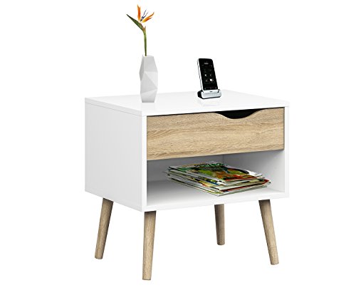 Nachttisch mit einer Schublade und einem Ablagefach, Farbe Weiß und Eiche, Maße 50 x 49 x 39 cm von Tvilum
