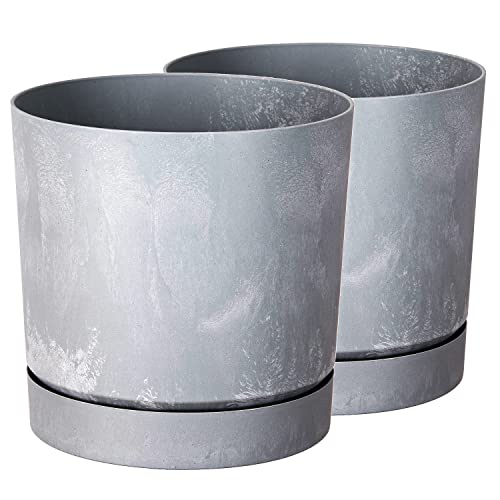 Tymar Blumentopf mit Untersetzer, 2er-Pack, dekorativer Pflanzentopf aus Kunststoff, Moderne, Runde Form, für Innenräume (ø 15 cm, (2pack) Beton) von Tymar