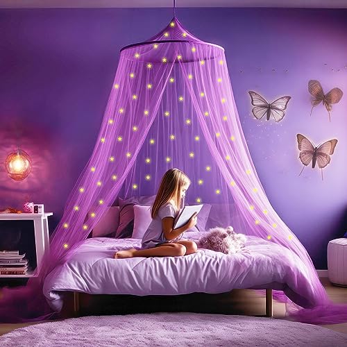 UB-STORE Lila Betthimmel mit vorgeklebten leuchtenden Sternen - Violett Prinzessinen Moskitonetz für Mädchen Zimmerdekoration - Himmelbett Vorhänge für Kinder und Baby Bett von UB-STORE
