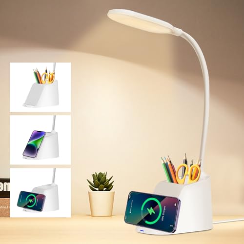 UEASE Schreibtischlampe LED mit kabelloser Ladefunktion, 3 Farben Stufenlos Dimmbare Tischlampe kinder mit Stifthalter und Handyhalterung, 360°Flexibler Schwanenhals Tischleuchte für Büro, Lernen von UEASE