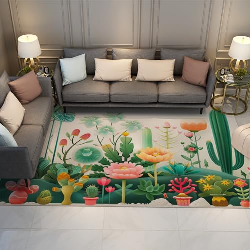 UERWOWELL Amerikanischer Stil Abstrakter Pflanzenteppich für Eingang Kaktus Blumen Tropische Bodenmatte Cartoon Mehrfarbige Aquarell Kinder Schlafzimmer Teppich 100x150cm von UERWOWELL