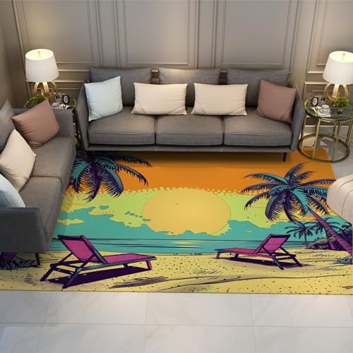 UERWOWELL Anime Muster Teppich Strand Palmen Sommer Stil Ultra Dünne Teppiche Niedrigflor Anti-Rutsch Flauschige Teppiche für Wohnzimmer Kinder Schlafzimmer Küche 60x120cm von UERWOWELL