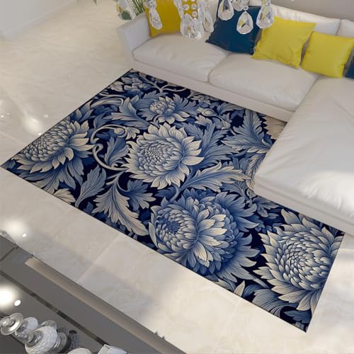 UERWOWELL Boho-Stil Teppich für Wohnzimmer William Morris Stil Blau Blumenmuster Teppich Waschbar Anti-Rutsch Küche Runner Teppich Vintage Teppich 150x200cm von UERWOWELL