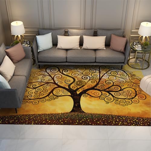 UERWOWELL Gustav Klimt Stil Fußmatte Luxus Teppich Dekor Baum des Lebens Retro Throw Teppiche Mehrfarbig Gelb Anti-Rutsch-Teppiche für Wohnzimmer Schlafzimmer 60x90cm von UERWOWELL