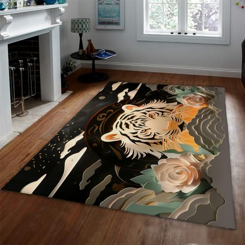 UERWOWELL Kreativer Themenbereich Teppich Dreidimensionale Scherenschnittkunst Große Teppiche für Wohnzimmer Tiger Blumen Luxus Teppiche für Schlafzimmer Büro Dekor 60x120cm von UERWOWELL