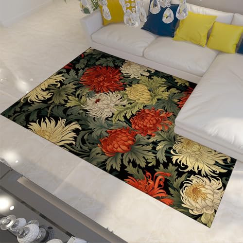 UERWOWELL Morris Stil Teppiche Blumen Waschbare Teppiche Chrysantheme Dekor Blumenteppich Boho Teppiche für Wohnzimmer Vintage Eingangstür Matte 60x120cm von UERWOWELL