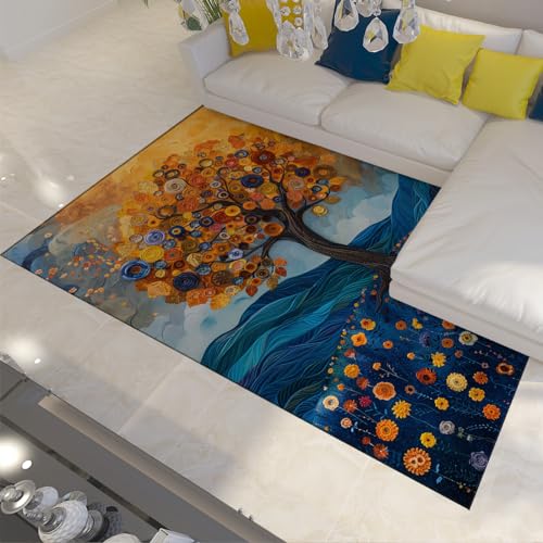 UERWOWELL Nordischer Stil Große Teppiche für Wohnzimmer Gustav Klimt Stil Baum des Lebens rutschfeste Teppichmatte Vintage Classic Waschbarer Teppich-Blau 60x90cm von UERWOWELL