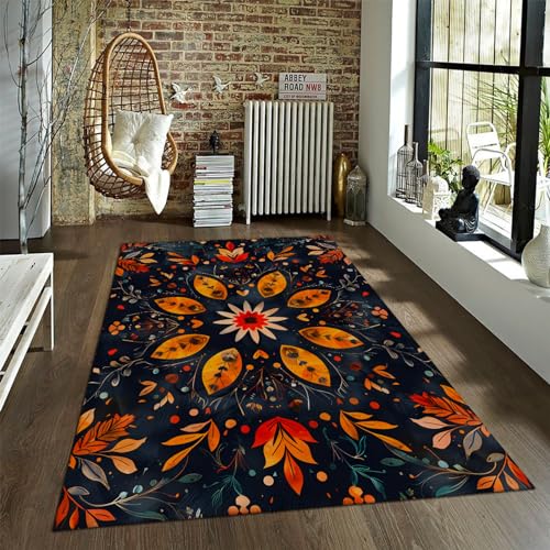 UERWOWELL Waschbarer Teppich Böhmische Teppiche im ethnischen Stil Datura Blumenteppiche mit Gummirücken Küchenmatten Retro-Teppiche für Schlafzimmerästhetik 60x90cm von UERWOWELL