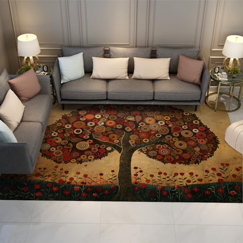 UERWOWELL Wohnzimmerteppich Gustav Klimt Stil Teppiche Geschenke für Wohnkultur - Schlafzimmer ästhetischer Teppich Abstrakter Baum Blumen Kreis Dekor Teppich 60x120cm von UERWOWELL