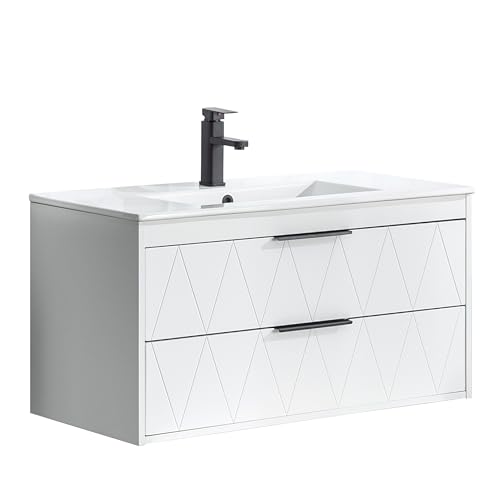 UEV Waschtisch mit Unterschrank, Waschbeckenunterschrank 90cm hängend, Wandwaschbecken aus Keramik, Badezimmmer Möbel für Gäste WC, modern, Soft-Close, Weiß von UEV