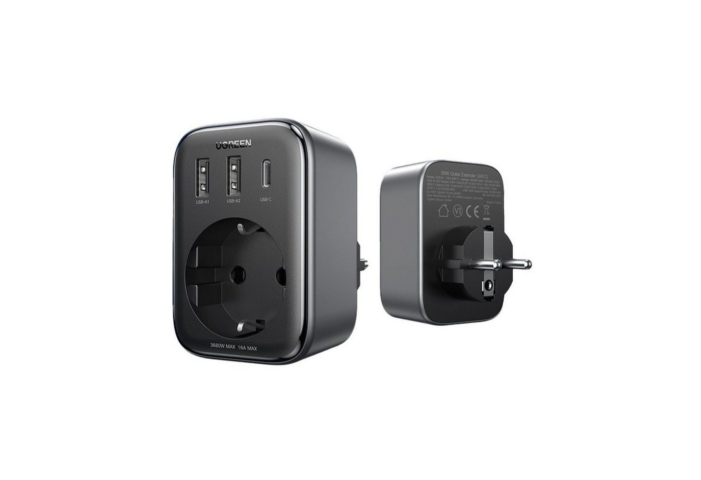 UGREEN Steckdose Wandladegerät 30W (2xUSB/USB C/AC) Adapter EU - EU 13A CD314 von UGREEN