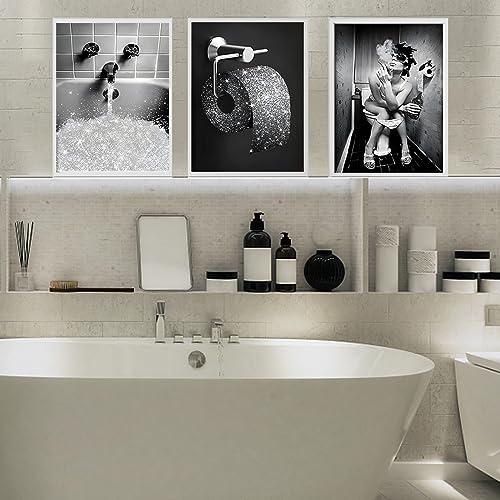 Moderne Badezimmer Leinwand Bilder, 3 Stück Schwarz und Weiß Leinwand Poster Set Moderne Lustige Badezimmer Wand Kunst Poster-ohne Rahmen (A, 3x30x40cm) von UGZDEA
