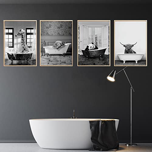 UGZDEA Tier in der Badewanne Leinwand Bilder, Schwarz Weiß Hochlandkuh Elefant Badezimmer Poster Modernes Decor-ohne Rahmen (No Framed-1, 4x30x40cm) von UGZDEA