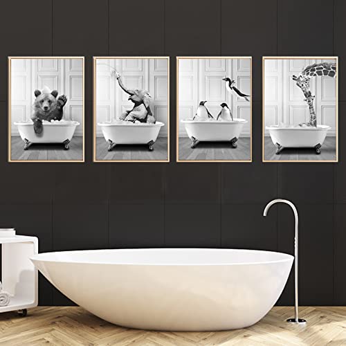 UGZDEA Tier in der Badewanne Leinwand Bilder, Schwarz Weiß Hochlandkuh Elefant Badezimmer Poster Modernes Decor-ohne Rahmen (No Framed-3, 4x30x40cm) von UGZDEA