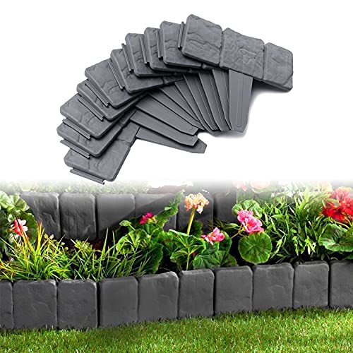 UISEBRT 10Pcs Rasenkante Kunstoff 2.5m Beeteinfassung Steinoptik Palisade Beetumrandung Mähkante Gartenzaun für Garten Border Blumenbeet, LxH 25x23cm, Anthrazit von UISEBRT