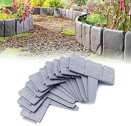 UISEBRT 10Pcs Rasenkante Kunstoff 2.5m Beeteinfassung Steinoptik Palisade Beetumrandung Mähkante Gartenzaun für Garten Border Blumenbeet, LxH 25x23cm, Grau von UISEBRT