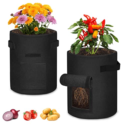 UISEBRT Pflanzsack 38L Kartoffel Pflanztasche mit Klettverschluss Fenster und Griffen, 10 Gallonen Pflanzbeutel für Pflanzen, Tomaten, Gemüse, Karotten (2 Stück, Schwarz) von UISEBRT