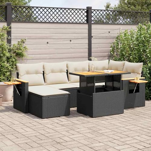 UJCHVHN 7-teiliges Gartensofa-Set mit Kissen, schwarz, Polyrattan, Akazie, Outdoor-Sets UJCHVHN 7-teiliges Gartensofa-Set mit Kissen, schwarz, Polyrattan, Akazie, Outdoor-Sets von UJCHVHN