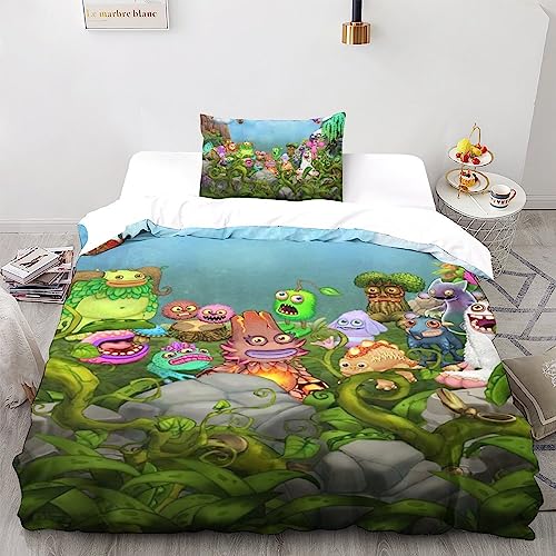 My Singing Monsters 3-teilige Kuschelige Bettwäsche-Sets Mit Spielfiguren 3D-Motiven - Duvet-Cover-Sets Aus Mikrofaser Mit Verstecktem Reißverschluss Und Passenden Kissenbezügen Single（135x200cm） von UKALOU