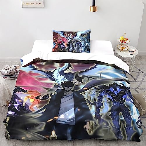 Solo Leveling Bettwäsche Set 3-teilig 3D-Druck Manga und Anime Bettbezug, Kissenbezüge Und Bettlaken Mikrofaser Material Mit Verstecktem Reißverschluss Perfekt Für Jungen Und Mädch Single（135x200cm） von UKALOU