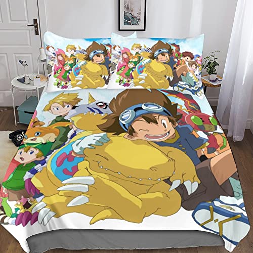 UKALOU Digimon Adventure Anime Bettwäsche 3D Bettbezug Mikrofaser Bettwäsche-Sets, Bettbezüge Mit Reißverschluss Und Kissenbezüge 3 Teilig Sets Double（200x200cm） von UKALOU