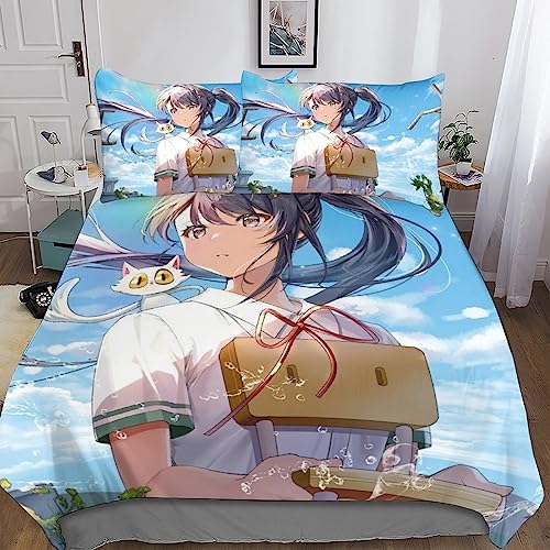 UKALOU Suzume Kuschelige Bettbezüge Mit Anime 3D-Druck 3-teilige Bettwäschesets Aus Mikrofaser Mit Verstecktem Reißverschluss Und Pillowcases Für Eine Angenehme Nachtruhe Double（200x200cm） von UKALOU