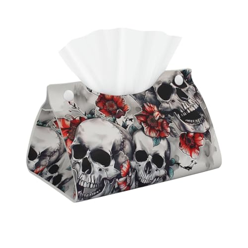 Taschentuchbox mit Totenkopf- und Blumen-Motiv, stilvoller Leder-Tuchpapierhalter für Zuhause, Hotel, Auto, Büro von ULKMFFCF