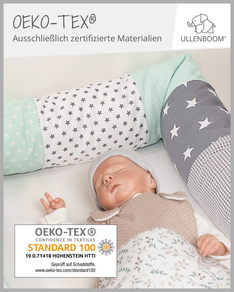 ULLENBOOM ® Nestchenschlange Bettschlange “Mint Grau” als Bettumrandung, 300x13 cm (Made in EU), Bezug aus Baumwolle, weiche Polsterung, Design Patchwork, Sterne von ULLENBOOM ®