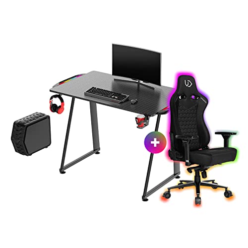 ULTRADESK Enter V2 LED Computertisch Gaming-Schreibtisch 100x60 cm mit verstellbaren + Throne Gaming Stuhl, Stromkabel Clip, Headset Haken, Plus LED RGB Beleuchtungseffekt, Stahlrahmen, Schwarz von ULTRADESK