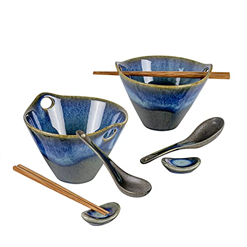 Ramen Schüssel, Ramen Nudel Suppenschalen Mit Essstäbchen, Löffel und Löffelruhe, Japanisches Geschirr Ramen Bowl Schüssel Blau Set für Asiatische Lebensmittel Nudeln - 2 X 600 ML von UNICASA