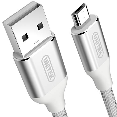 UNITEK Y-C4026ASL Premium-Kabel 1M Micro-USB/Nylon Silber/USB 2.0 / Synchronisieren und Laden/Kupferkabel/Verhedderungsfrei/Aluminium-Stopfen von UNITEK