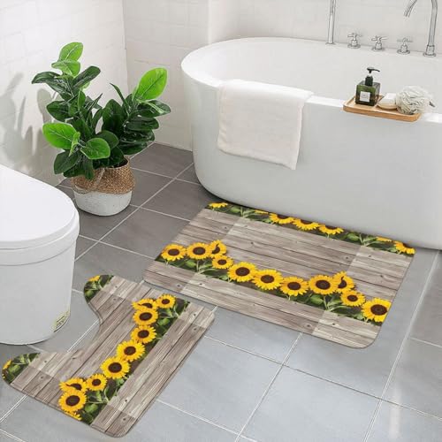 UPIKIT Sonnenblumen-Holz-Fußmatten, saugfähig, rutschfest, 2 Stück, für Badezimmer, Küche, Heimdekoration von UPIKIT