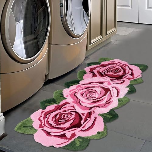 USTIDE Flauschiger Rosenteppich, rosa Rose, Läufer, Teppich, rutschfest, handgefertigt, moderne Teppiche, waschbar, Bodenläufermatten für Wohnzimmer, Waschküche, Flur und Badezimmer, Hochflor von USTIDE