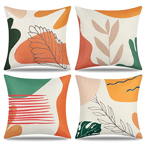 UXORSN Boho Kissenbezüge 4er Set Frühling Sommer Kissenbezug 45x45 Gelb Leinen Dekokissen Abstract Geometrische Blatt Pflanze Kissenhülle Outdoor Zierkissenbezug für Sofa Stuhl Bett Garten von UXORSN