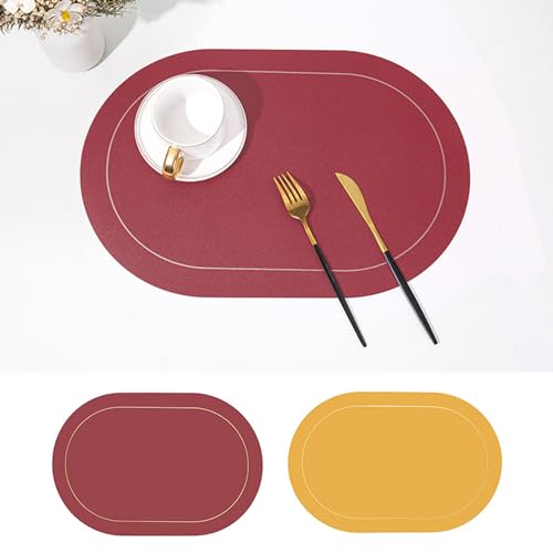 Ueiwffzo 4er/6er Set Tischsets Leder Platzsets Abwaschbar Oval, rutschfeste Platzdeckchen Doppelseitig Untersetzer Esstisch Tisch Deko für Haus Hotel Küche (Burgunderrot+Gelb,4 Stück) von Ueiwffzo