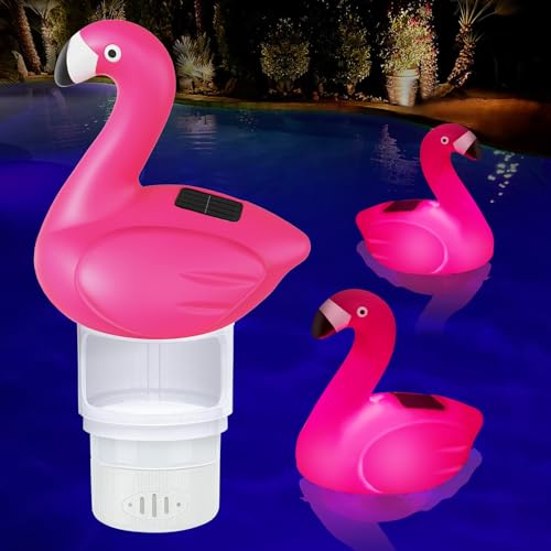 Uekars Solar Pool Chlor Floater, 17,8 cm Flamingo-Chlorschwimmer mit Licht, leuchtet im Dunkeln, Chlortabletten-Schwimmer, verstellbare Freigabe und einfaches Öffnen, schwimmender Chlorspender für von Uekars