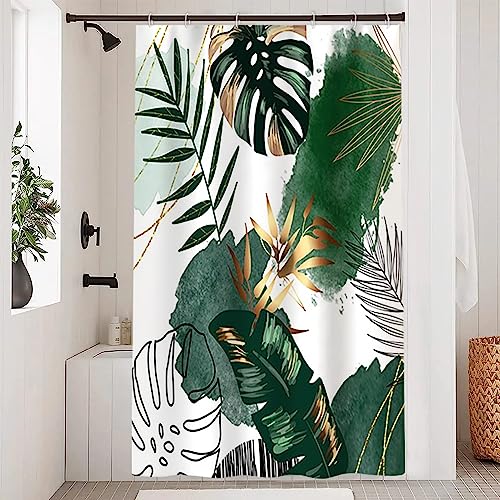 Duschvorhang Boho Style, Uiiooazy Duschvorhang Grün Gold Palmenblätter Dschungel Pflanzen Duschvorhäng Anti Schimmel Wasserdicht Polyester Stoff Waschbar Blickdicht Bad Vorhang mit 8 Haken 120Bx180Hcm von Uiiooazy