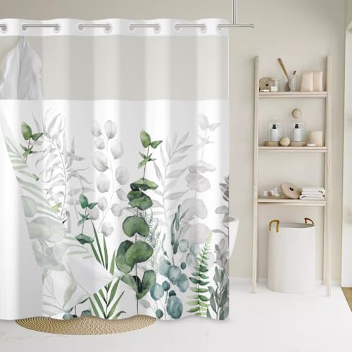 Duschvorhang Eukalyptus, Uiiooazy Duschvorhang Doppel Liner Grün Grau Blätter Motiv Keine Haken Duschvorhäng Anti Schimmel Wasserdicht Waschbar Bad Vorhang mit Snap-on-Liner für Badezimmer 180Bx180Hcm von Uiiooazy