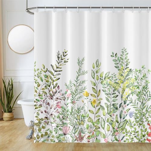 Duschvorhang Eukalyptus, Uiiooazy Duschvorhang Grün Blätter Blumen Bunt Duschvorhäng Anti Schmmel Wasserabweisend Polyester Stoff Waschbar Blickdicht Bad Vorhang mit 12 Haken für Badewanne 180Bx180Hcm von Uiiooazy