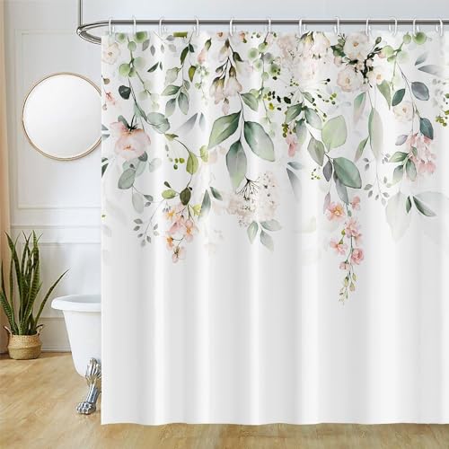 Duschvorhang Eukalyptus, Uiiooazy Duschvorhang Grün Blätter Blumen Rosa Duschvorhäng Anti Schimmel Wasserabweisend Polyester Stoff Waschbar Blickdicht Badvorhang mit 12 Haken für Badewanne 180Bx220Hcm von Uiiooazy