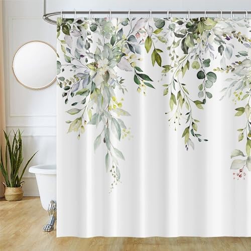 Duschvorhang Eukalyptus, Uiiooazy Duschvorhang Grün Blätter Blumen Rosa Duschvorhänge Anti Schimmel Wasserabweisend Polyester Stoff Waschbar Blickdicht Bad Vorhang mit Haken für Badezimmer 180Bx200Hcm von Uiiooazy