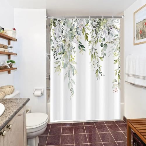 Duschvorhang Eukalyptus Grün, Uiiooazy Duschvorhang Aquarell Blätter Blumen Rosa Duschvorhänge Anti Schimmel Wasserdicht Polyester Stoff Waschbar Bad Vorhang mit 10 Haken für Badezimmer 150Bx200Hcm von Uiiooazy