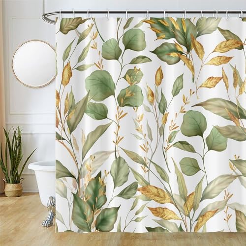 Duschvorhang Grün Gold, Uiiooazy Duschvorhang Eukalyptus Blätter Duschvorhäng Schimmel Resistant Wasserabweisend Polyester Stoff Waschbar Blickdicht Bad Vorhang mit 12 Haken für Badezimmer 180Bx180Hcm von Uiiooazy