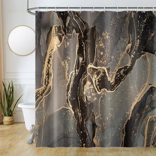 Uiiooazy Duschvorhang Schwarz Gold, Duschvorhang Marmor Gelb Abstrakt Duschvorhäng Anti Schimmel Wasserdicht Polyester Stoff Waschbar Blickdicht Bad Vorhang mit 12 Haken für Badezimmer 180Bx240Hcm von Uiiooazy