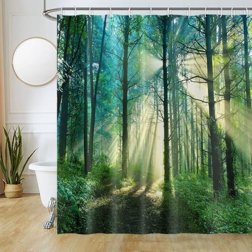 Duschvorhang Wald, Uiiooazy Duschvorhang Pflanzenmotiv Sonnenlicht Natur Landschaft Duschvorhänge Anti Schimmel Wasserdicht Polyester Stoff Waschbar Bad Vorhang mit 12 Haken für Badezimmer 180Bx180Hcm von Uiiooazy